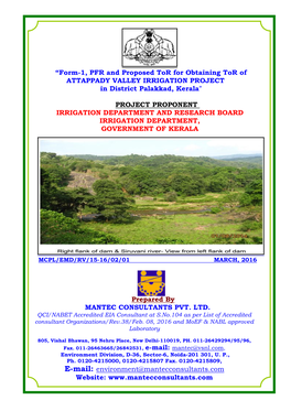“Form-1, PFR and Proposed Tor for Obtaining Tor of ATTAPPADY VALLEY IRRIGATION PROJECT in District Palakkad, Kerala”