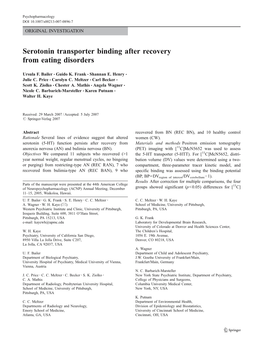 Serotonin Transporter Binding After Recovery from Eating Disorders