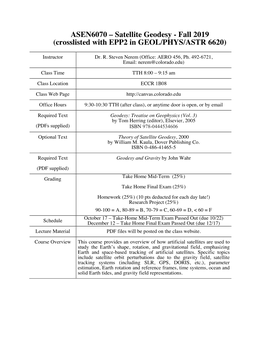 ASEN6070 – Satellite Geodesy - Fall 2019 (Crosslisted with EPP2 in GEOL/PHYS/ASTR 6620)