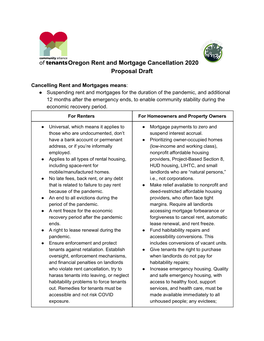 Oregon Rent and Mortgage Cancellation 2020 Proposal Draft