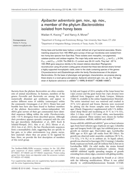 Apibacter Adventoris Gen. Nov., Sp. Nov., a Member of the Phylum Bacteroidetes Isolated from Honey Bees Waldan K