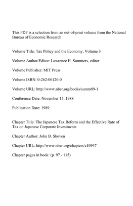 The Japanese Tax Reform and the Effective Rate of Tax on Japanese Corporate Investments