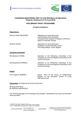 CONGRESS MONITORING VISIT to the REPUBLIC of MOLDOVA Chişinău, Drăsliceni (13-15 June 2018)