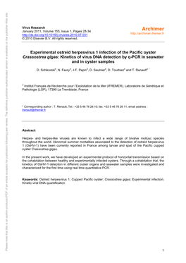 Experimental Ostreid Herpesvirus 1 Infection of the Pacific Oyster