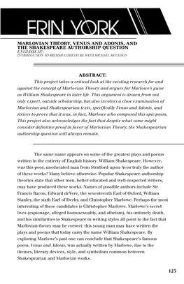 Marlovian Theory, Venus and Adonis, and the Shakespeare Authorship Question English 317: Introduction to British Literature with Michael Mccloud