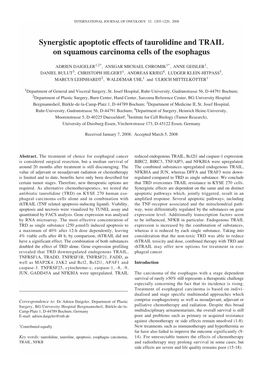 Synergistic Apoptotic Effects of Taurolidine and TRAIL on Squamous Carcinoma Cells of the Esophagus