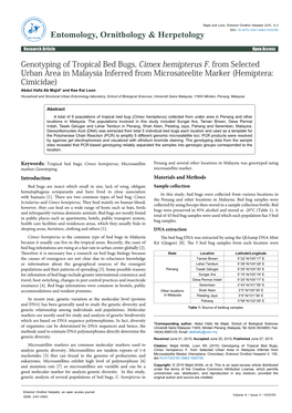 Genotyping of Tropical Bed Bugs, Cimex Hemipterus F. from Selected