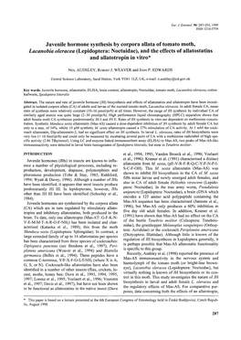 Juvenile Hormone Synthesis by Corpora Allata of Tomato Moth, Lacanobia Oleracea (Lepidoptera: Noctuidae), and the Effects of Allatostatins and Allatotropin in Vitro*