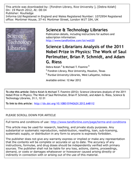 Science Librarians Analysis of the 2011 Nobel Prize in Physics: the Work of Saul Perlmutter, Brian P