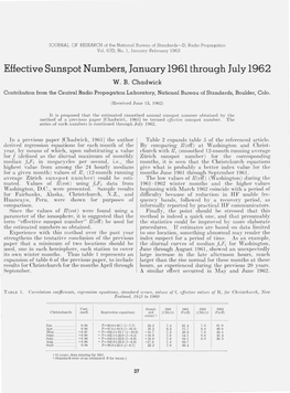 Effective Sunspot Numbers, January 1961 Through July 1962 W