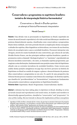 Conservadores X Progressistas No Espiritismo Brasileiro: Tentativa De Interpretação Histórico-Hermenêutica1 Conservatives Vs