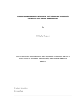 Literature Review on Aquaponics As Commercial Food Production and Suggestions for Improvements to the Matthaei Aquaponics System