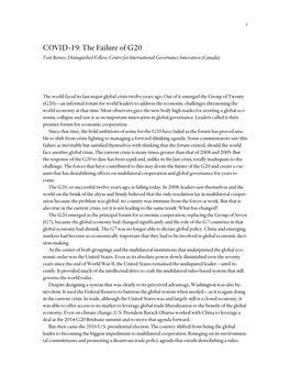 COVID-19: the Failure of G20 Tom Bernes, Distinguished Fellow, Centre for International Governance Innovation (Canada)