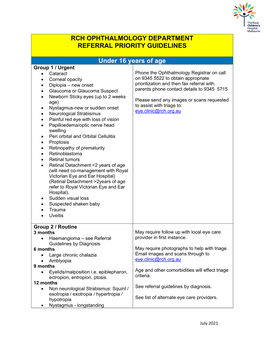 RCH OPHTHALMOLOGY DEPARTMENT REFERRAL PRIORITY GUIDELINES Under 16 Years Of