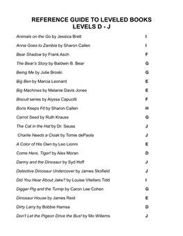 Reference Guide to Leveled Books Levels D - J