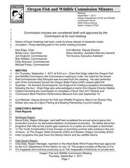 Oregon Fish and Wildlife Commission Minutes Meeting: September 1, 2011 Oregon Department of Fish and Wildlife Commission Room 3406 Cherry Avenue Salem, Oregon 97303