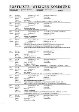 POSTLISTE STEIGEN KOMMUNE Dokumenter Registrert: 17.01.201 4 - 23.01.201 4 Dokumenttype: DOK I, DOK U Avdeling/Seksjon: I Journalenhet: SIDE 1