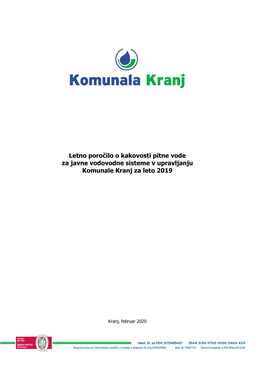 Letno Poročilo O Kakovosti Pitne Vode Za Javne Vodovodne Sisteme V Upravljanju Komunale Kranj Za Leto 2019