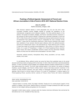 Pushing a Political Agenda: Harassment of French and African Journalists in Côte D’Ivoire’S 2010–2011 National Election Crisis