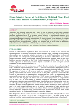 Ethno-Botanical Survey of Anti-Diabetic Medicinal Plants Used by the Santal Tribe of Joypurhat District, Bangladesh