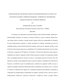 Comunidade De Coleoptera Em Duas Fitofisionomias De Caatinga No