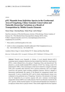 Ptc Plasmids from Sulfolobus Species in the Geothermal Area Of