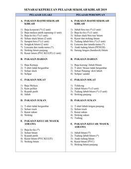 Senarai Keperluan Pelajar Sekolah Kiblah 2019 Pelajar Lelaki Pelajar Perempuan