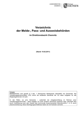 Verzeichnis Der Melde-, Pass- Und Ausweisbehörden