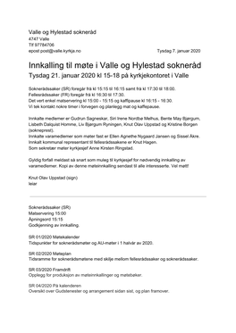 Innkalling Til Møte I Valle Og Hylestad Sokneråd Tysdag 21