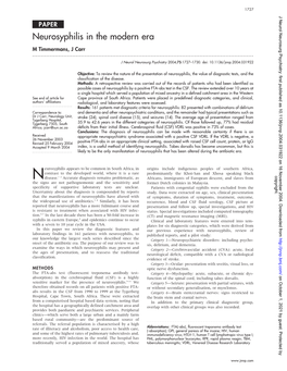 Neurosyphilis in the Modern Era M Timmermans, J Carr