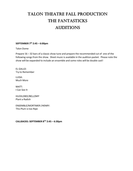 Talon Theatre Fall Production the Fantasticks Auditions