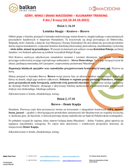 GÓRY, WINO I SMAKI MACEDONII – KULINARNY TREKKING 9 Dni / 8 Nocy (16.10-24.10.2021)