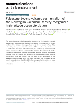 Paleocene-Eocene Volcanic Segmentation of the Norwegian-Greenland Seaway Reorganized High-Latitude Ocean Circulation ✉ Jussi Hovikoski 1 , Michael B