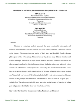 The Impacts of Marxism in Post-Independence India Portrayed in a Suitable Boy M.VASANTH Research Scholar in English, Rajah Serfo