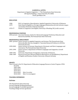 GABRIELA APPEL Department of Applied Linguistics | the Pennsylvania State University 305 Sparks Building | University Park, PA 16802 Email: Gxa9@Psu.Edu