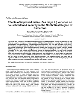 Effects of Improved Maize (Zea Mays L.) Varieties on Household Food Security in the North West Region of Cameroon Manu I.N.1, Tarla D.N.2, Chefor G.F.1