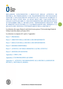 Relazione Concernente I Risultati Delle Attivita' Di