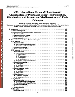 Classification of Prostanoid Receptors: Properties, Distribution, and Structure of the Receptors and Their Subtypes