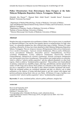 Pollen Ultrastructure from Heterotrigona Itama Foragers at the Indo- Malayan Meliponine Repository Sekayu, Terengganu, Malaysia