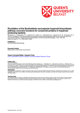 Elucidation of the Burkholderia Cenocepacia Hopanoid Biosynthesis Pathway Uncovers Functions for Conserved Proteins in Hopanoid- Producing Bacteria Schmerk, C