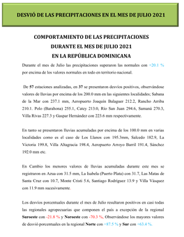 Comportamiento De Las Precipitaciones Durante El Mes De Julio 2021 En La República Dominicana