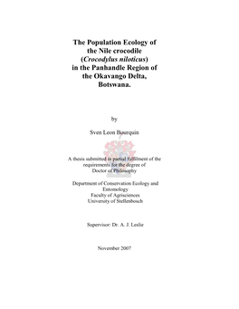 The Population Ecology of the Nile Crocodile (Crocodylus Niloticus) in the Panhandle Region of the Okavango Delta, Botswana