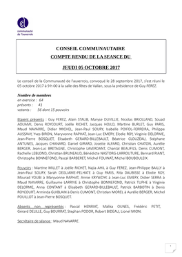 Conseil Communautaire Jeudi 05 Octobre 2017
