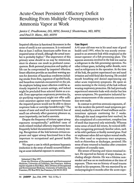 Acute-Onset Persistent Olfactory Deficit Resulting from Multiple Overexposures to Ammonia Vapor at Work Janice C