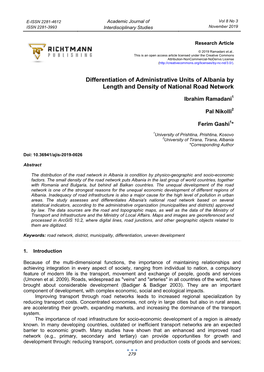 Differentiation of Administrative Units of Albania by Length and Density of National Road Network