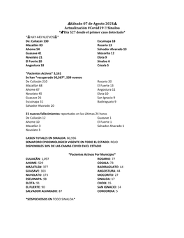 Sábado 07 De Agosto 2021 Actualización #Covid19 Sinaloa