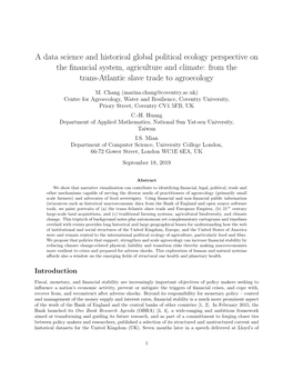 A Data Science and Historical Global Political Ecology Perspective on the ﬁnancial System, Agriculture and Climate: from the Trans-Atlantic Slave Trade to Agroecology