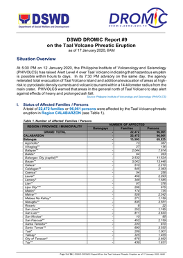 DSWD DROMIC Report #9 on the Taal Volcano Phreatic Eruption As of 17 January 2020, 6AM