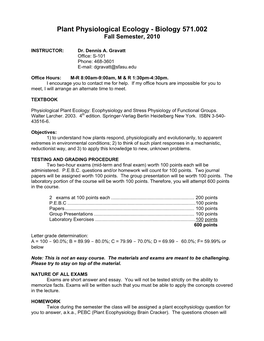 Plant Physiological Ecology - Biology 571.002 Fall Semester, 2010