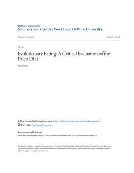 Evolutionary Eating: a Critical Evaluation of the Paleo Diet Ben Roess